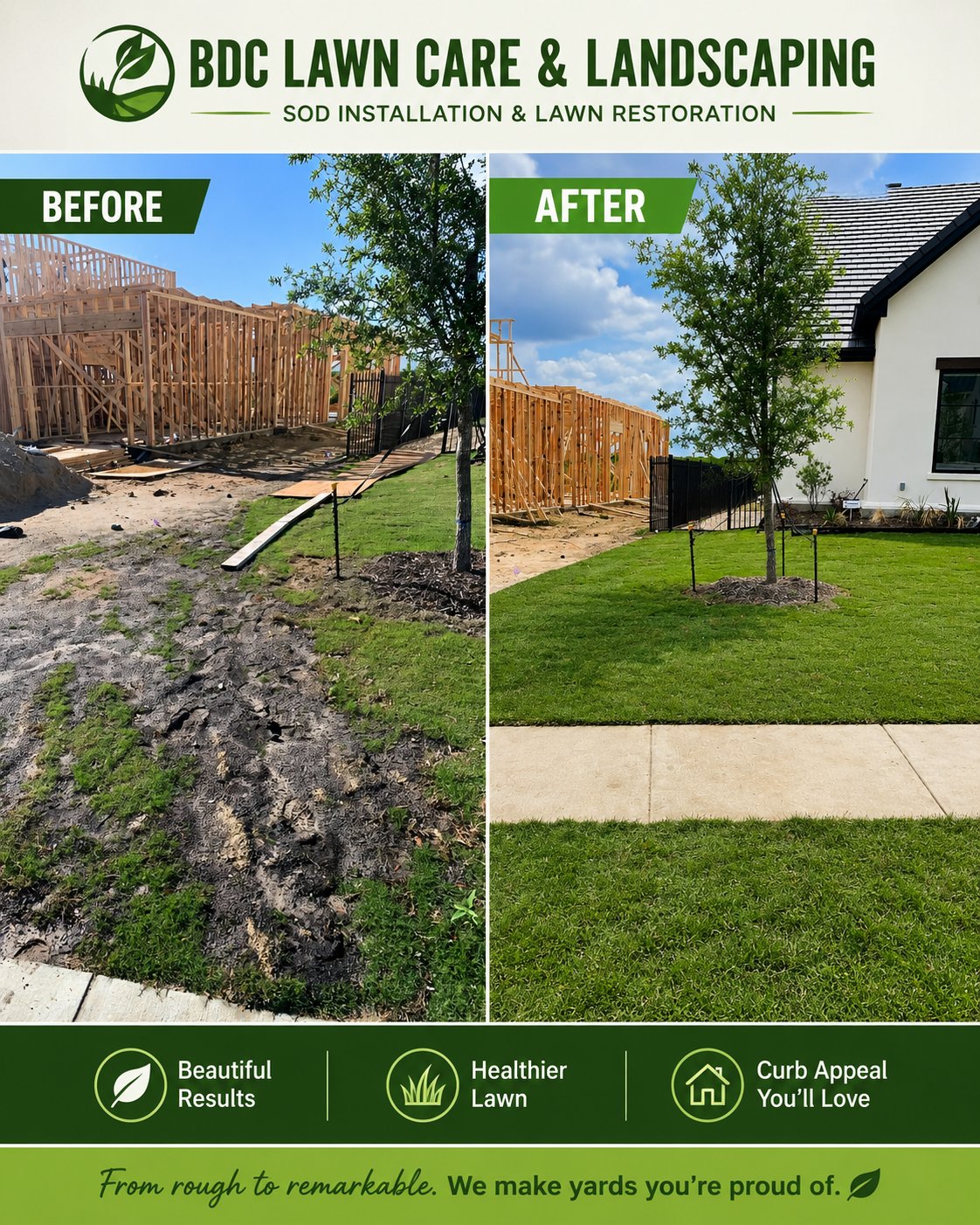 Sod installation before and after — Fort Worth, TX new home — bare dirt to fresh green Bermuda sod by BDC Lawncare