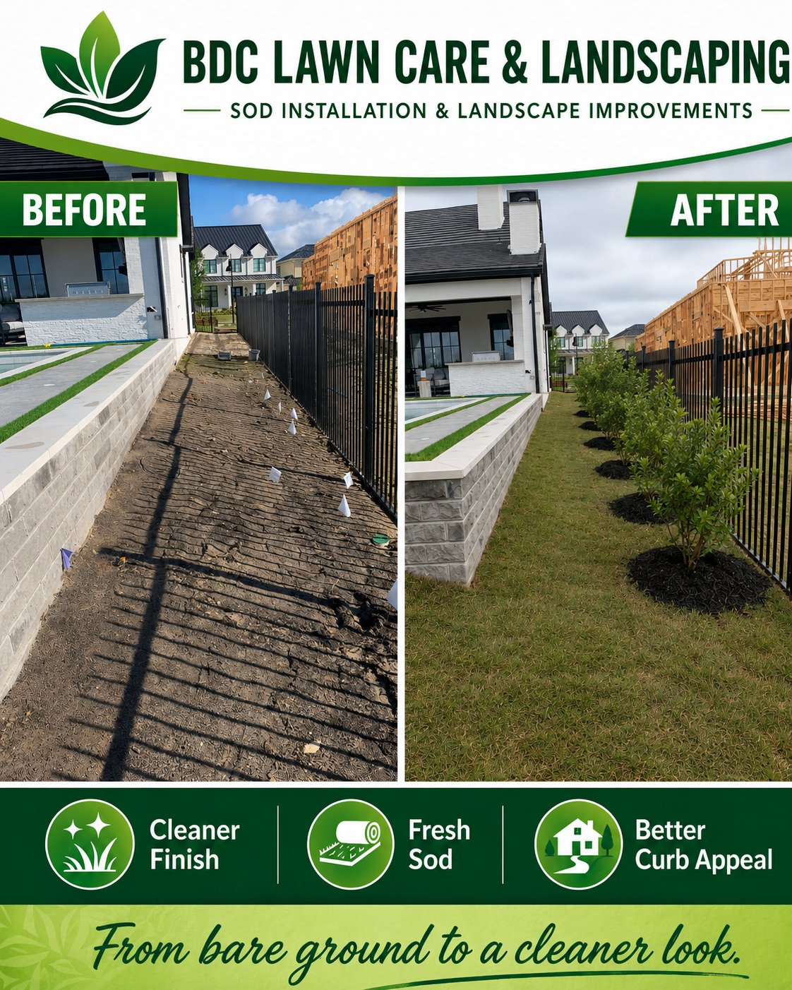 Side yard sod installation before and after — Fort Worth fence line transformation from bare ground to fresh green sod by BDC Lawncare