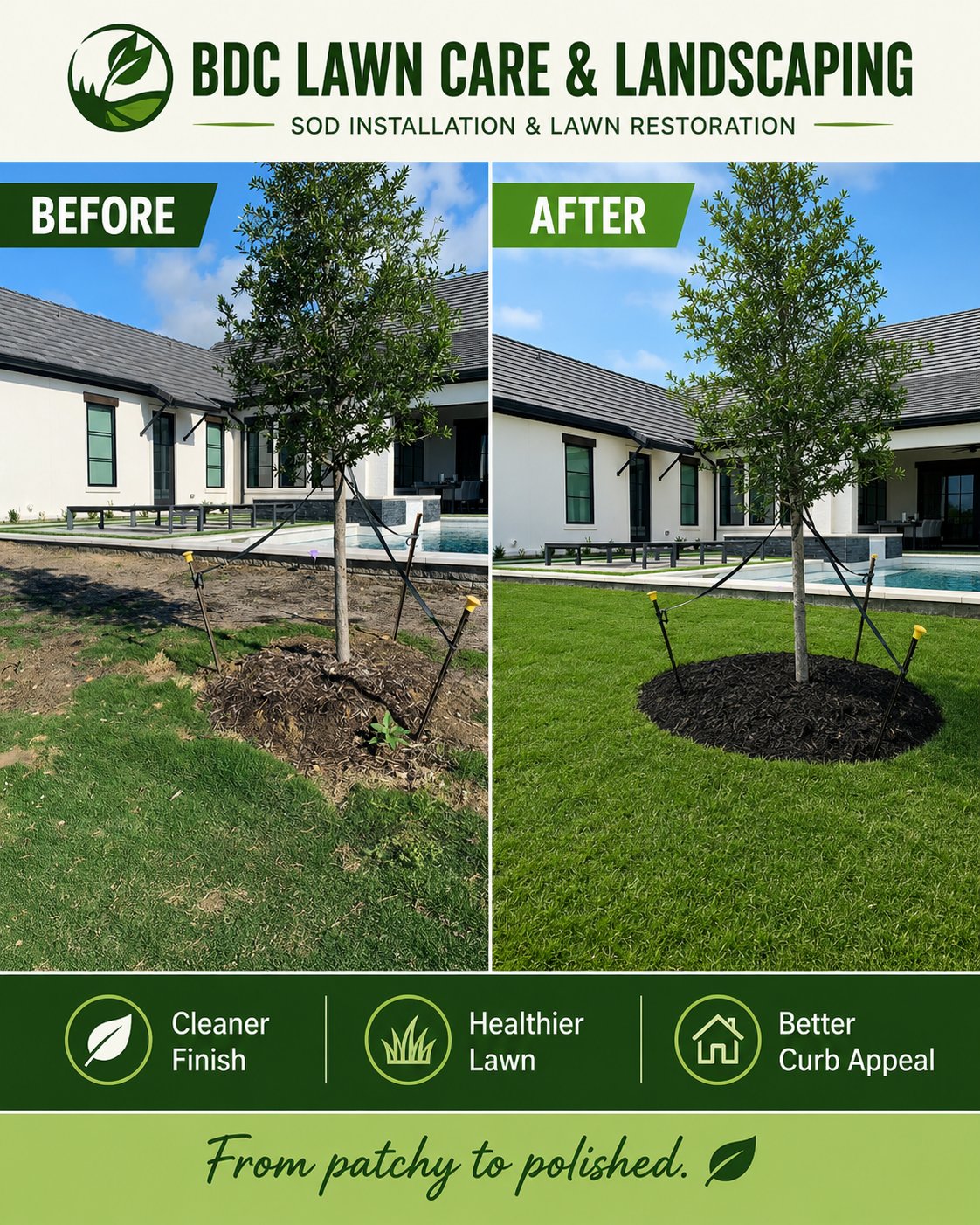 Lawn restoration around tree before and after — Fort Worth patchy grass to lush green sod with fresh mulch ring by BDC Lawncare